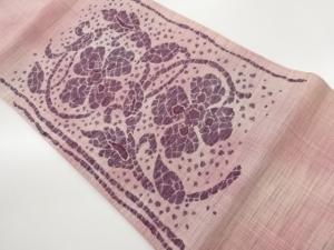 手織り紬抽象花唐草模様織出し名古屋帯